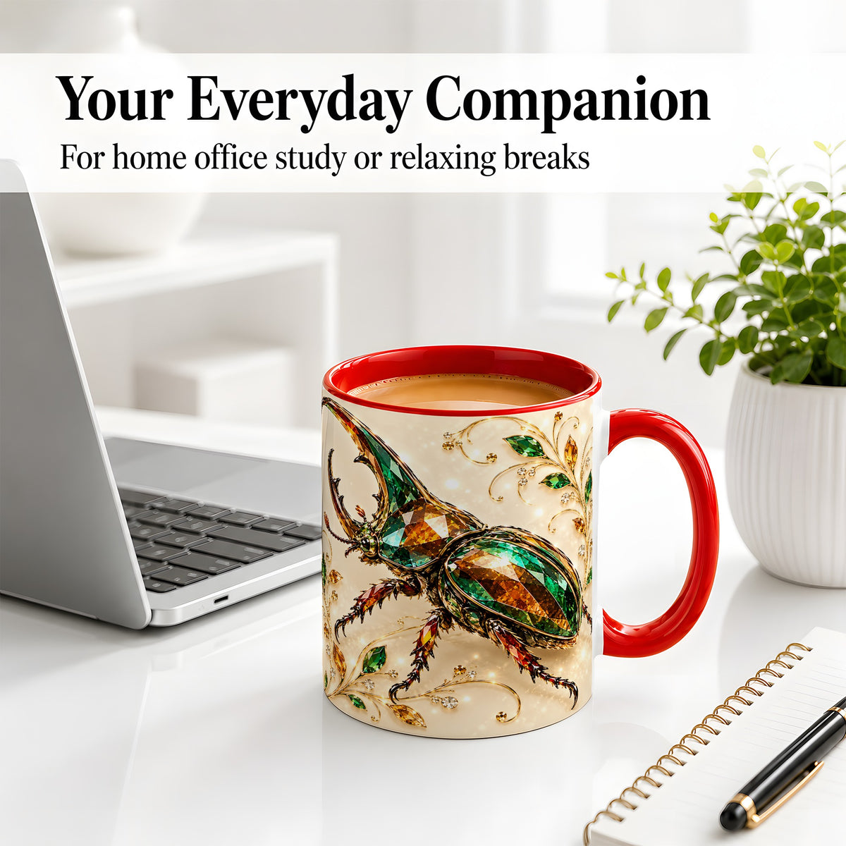 #pl[11oz|Red] Stag Beetle Accent Mug, Ceramic Mug with Jewel Style Artwork