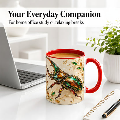 #pl[11oz|Red] Stag Beetle Accent Mug, Ceramic Mug with Jewel Style Artwork