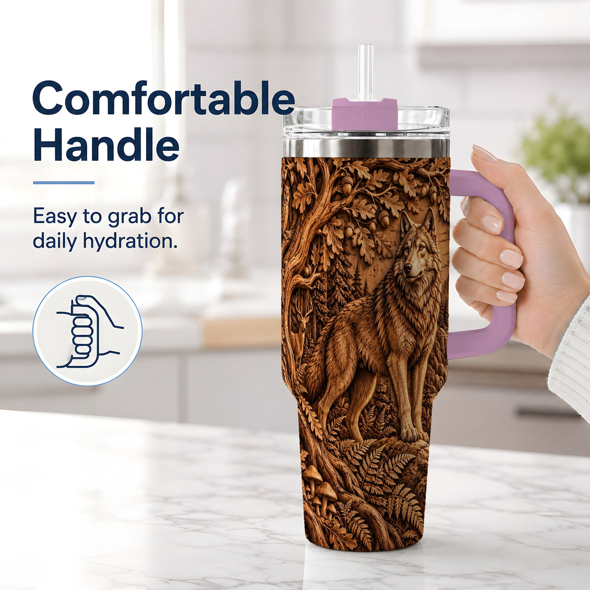 #pl[40oz|Pink] Woodland Wolf Tumbler, 40oz Tumbler with Forest Animal Artwork