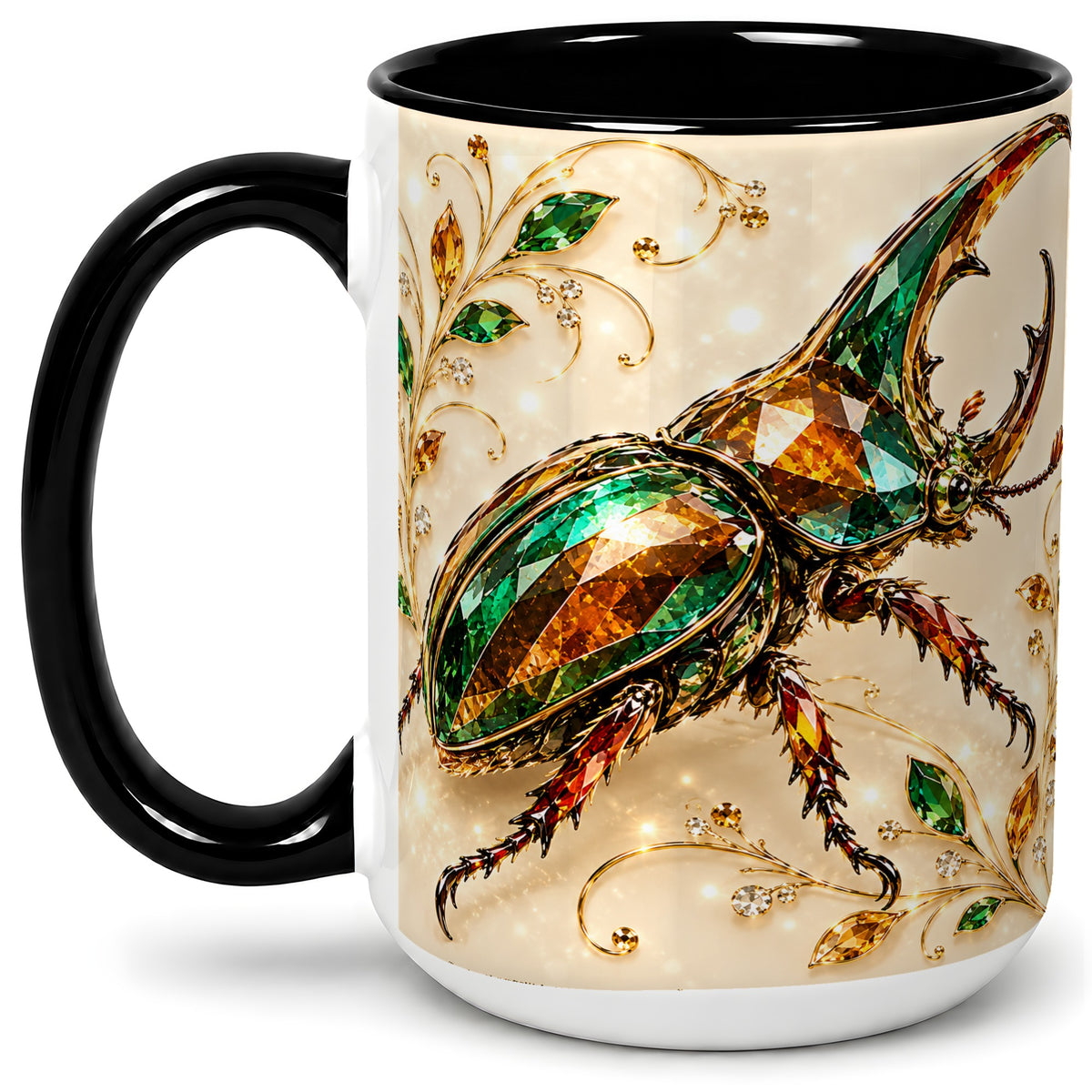 #pl[15oz|Black] Stag Beetle Accent Mug, Ceramic Mug with Jewel Style Artwork