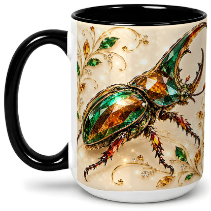#pl[15oz|Black] Stag Beetle Accent Mug, Ceramic Mug with Jewel Style Artwork