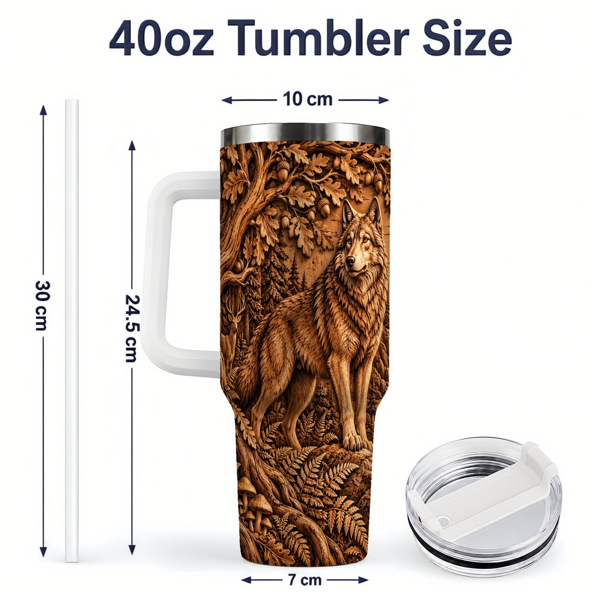 #pl[40oz|White] Woodland Wolf Tumbler, 40oz Tumbler with Forest Animal Artwork