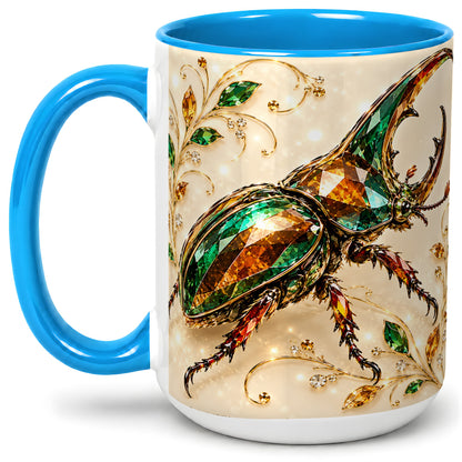 #pl[15oz|Blue] Stag Beetle Accent Mug, Ceramic Mug with Jewel Style Artwork