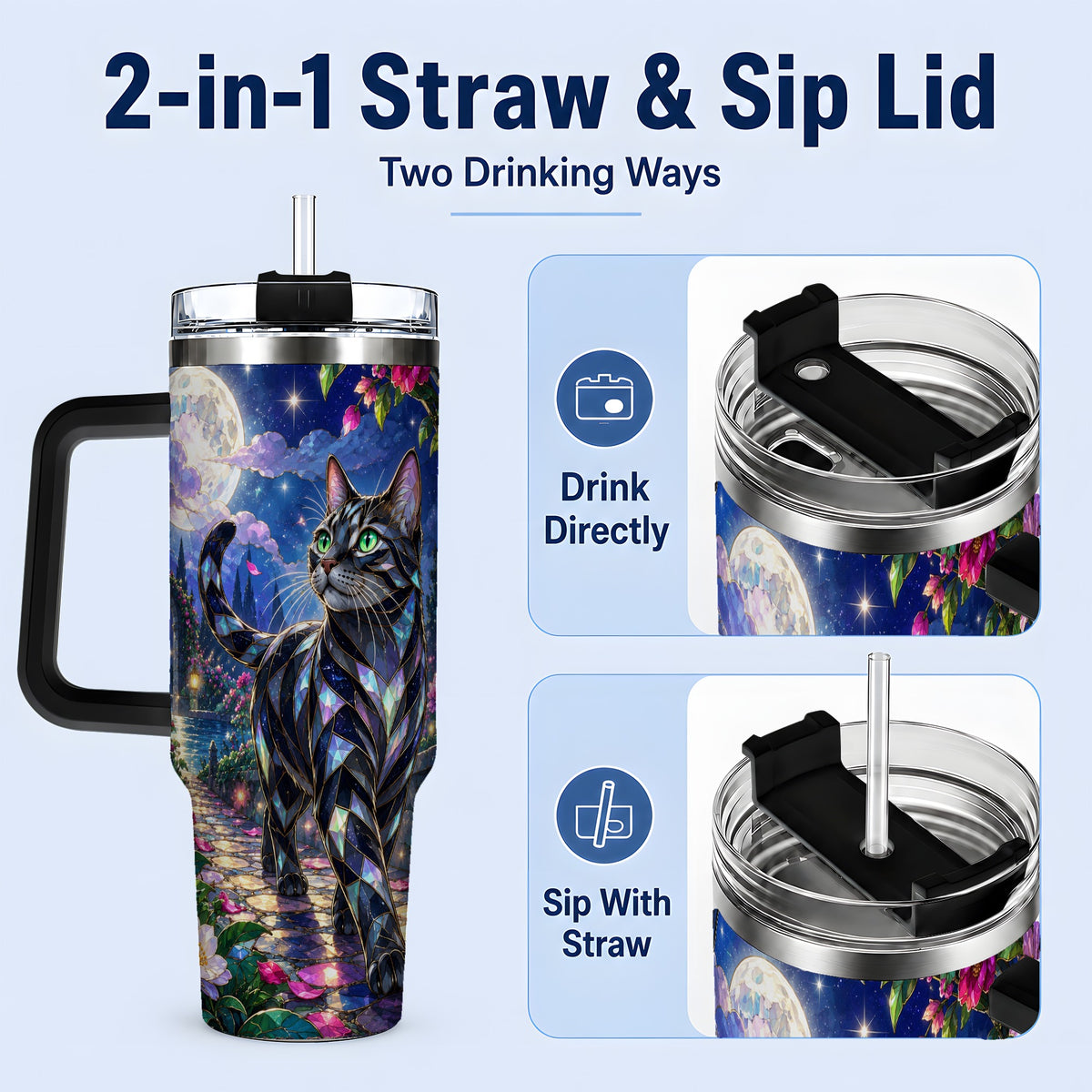 #pl[40oz|Black] Stained Glass Style Cat Tumbler, 40oz Tumbler with Floral Artwork