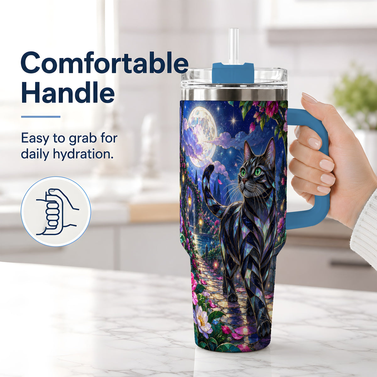 #pl[40oz|Blue] Stained Glass Style Cat Tumbler, 40oz Tumbler with Floral Artwork