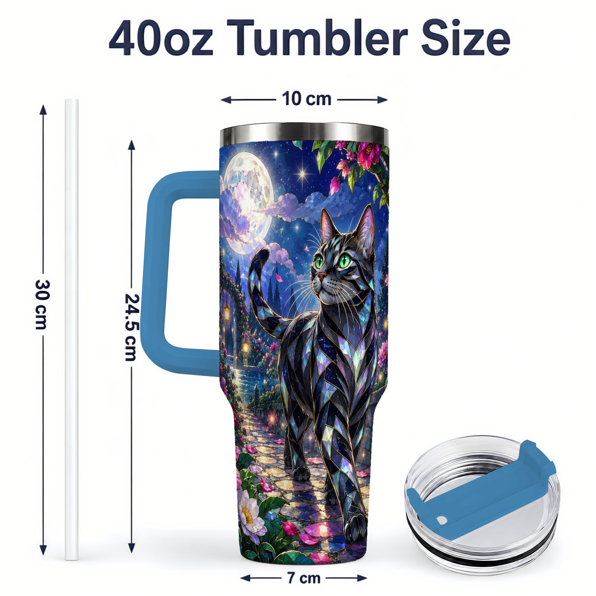 #pl[40oz|Blue] Stained Glass Style Cat Tumbler, 40oz Tumbler with Floral Artwork