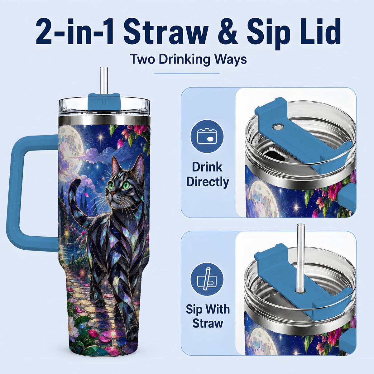 #pl[40oz|Blue] Stained Glass Style Cat Tumbler, 40oz Tumbler with Floral Artwork