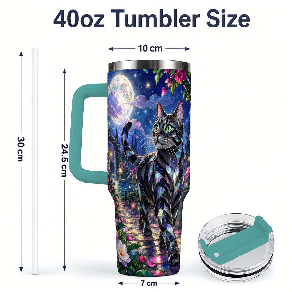 #pl[40oz|Green] Stained Glass Style Cat Tumbler, 40oz Tumbler with Floral Artwork