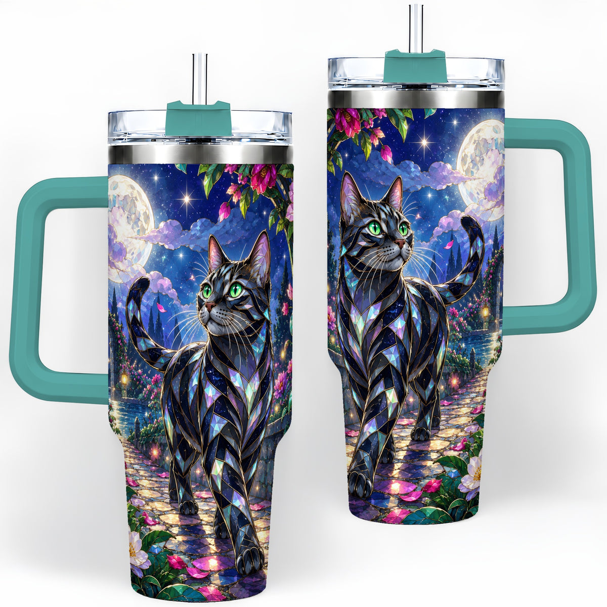 #pl[40oz|Green] Stained Glass Style Cat Tumbler, 40oz Tumbler with Floral Artwork