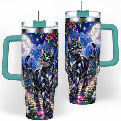 #pl[40oz|Green] Stained Glass Style Cat Tumbler, 40oz Tumbler with Floral Artwork