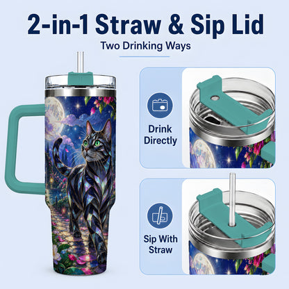 #pl[40oz|Green] Stained Glass Style Cat Tumbler, 40oz Tumbler with Floral Artwork