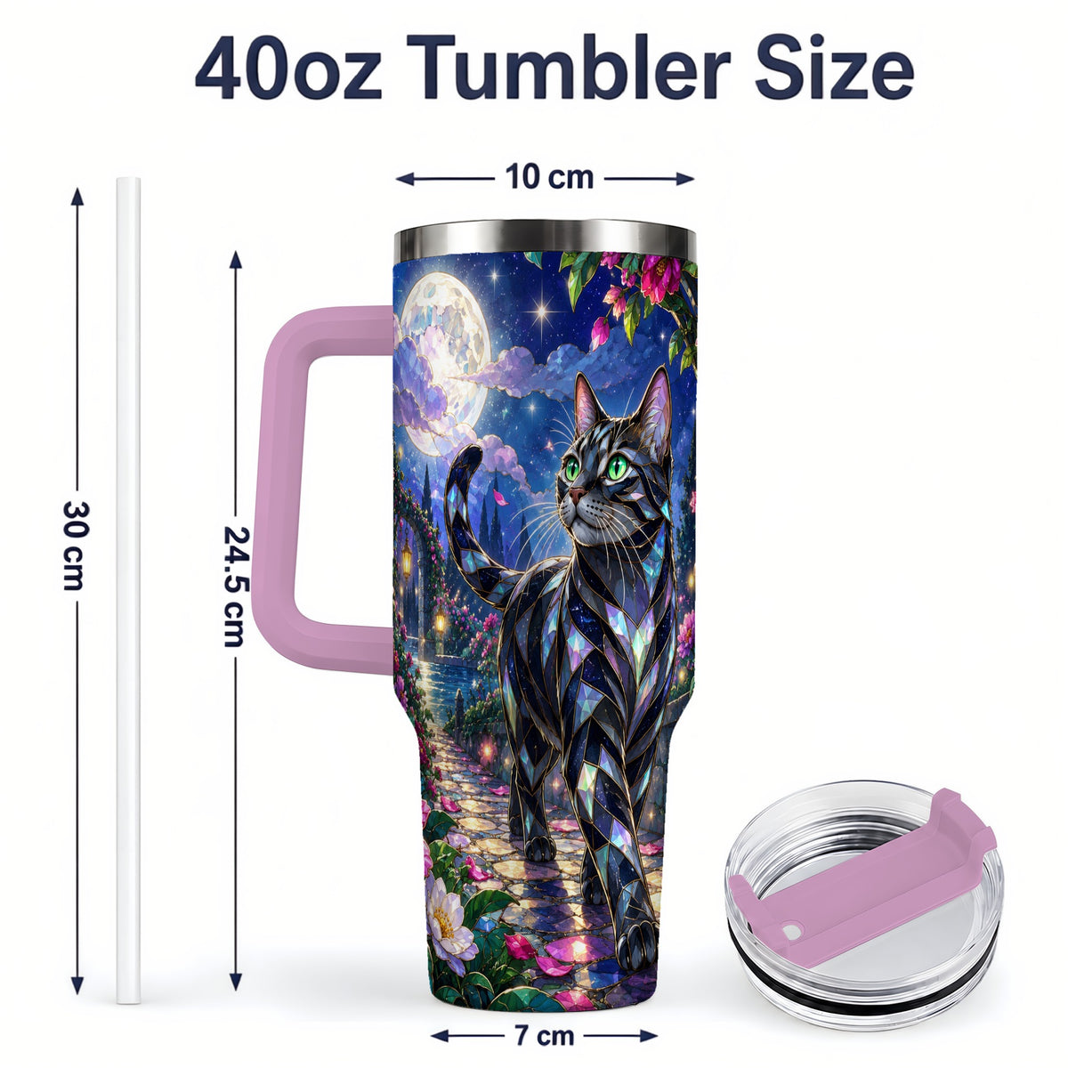 #pl[40oz|Pink] Stained Glass Style Cat Tumbler, 40oz Tumbler with Floral Artwork