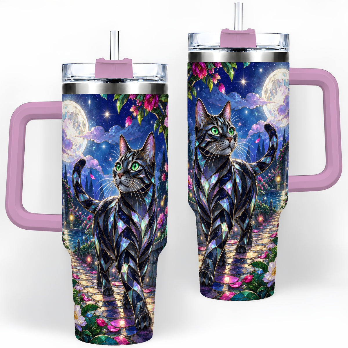 #pl[40oz|Pink] Stained Glass Style Cat Tumbler, 40oz Tumbler with Floral Artwork