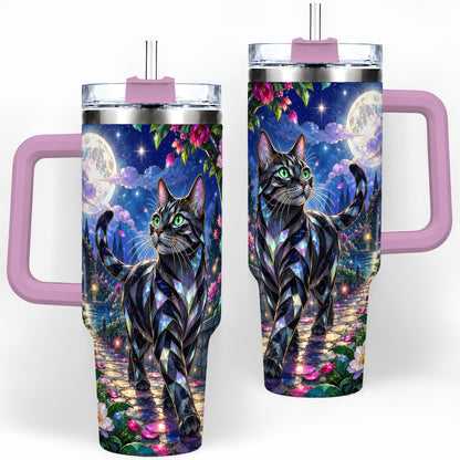 #pl[40oz|Pink] Stained Glass Style Cat Tumbler, 40oz Tumbler with Floral Artwork
