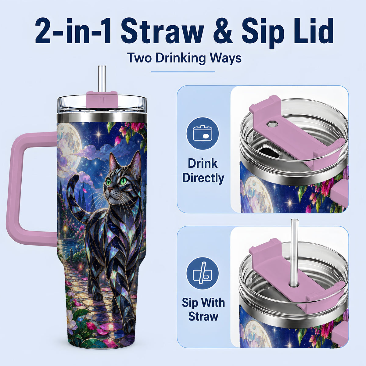 #pl[40oz|Pink] Stained Glass Style Cat Tumbler, 40oz Tumbler with Floral Artwork