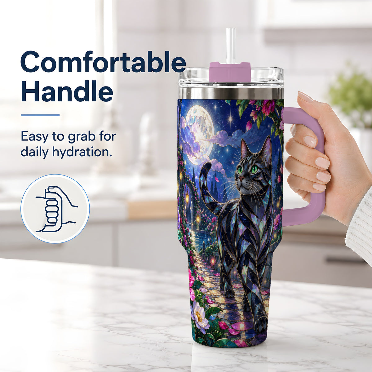 #pl[40oz|Pink] Stained Glass Style Cat Tumbler, 40oz Tumbler with Floral Artwork