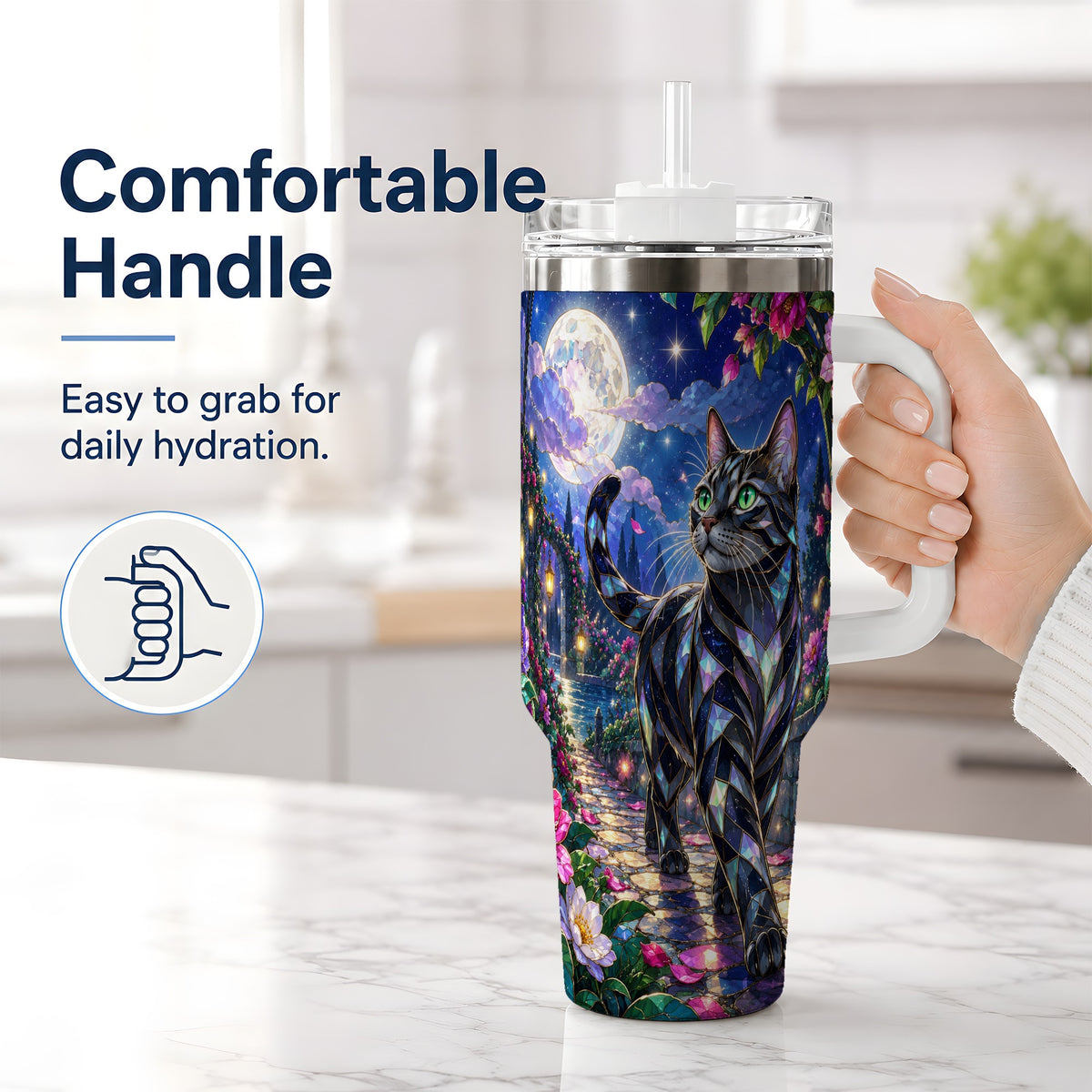 #pl[40oz|White] Stained Glass Style Cat Tumbler, 40oz Tumbler with Floral Artwork