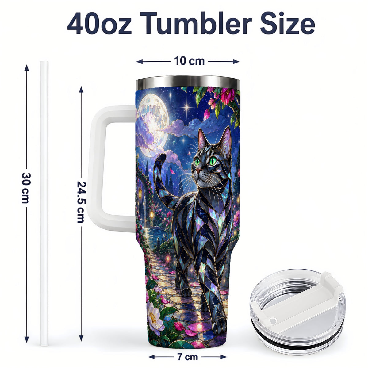 #pl[40oz|White] Stained Glass Style Cat Tumbler, 40oz Tumbler with Floral Artwork