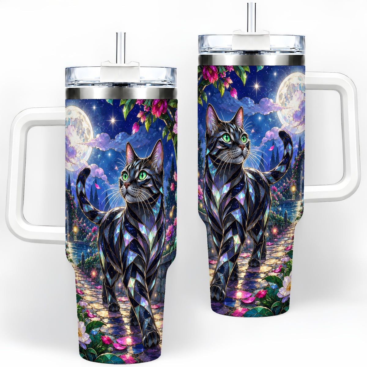 Stained Glass Style Cat Tumbler, 40oz Tumbler with Floral Artwork