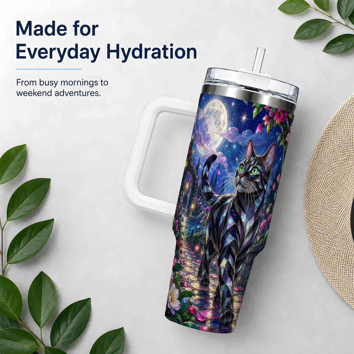 Stained Glass Style Cat Tumbler, 40oz Tumbler with Floral Artwork