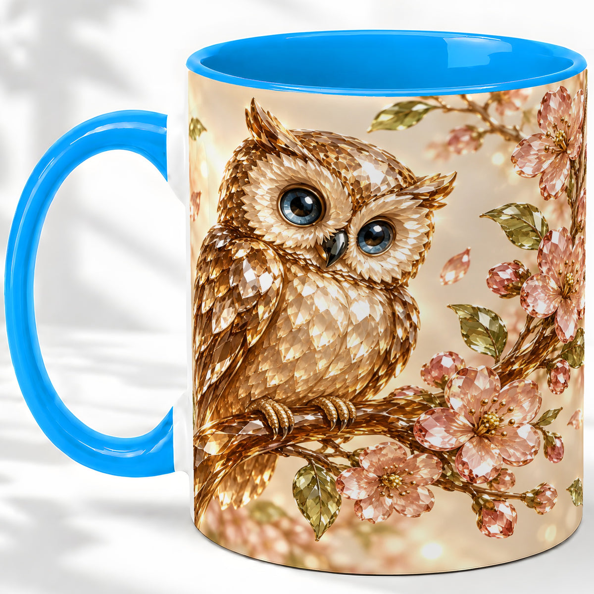 #pl[11oz|Blue] Crystal Owl Accent Mug, Ceramic Mug with Pink Floral Artwork