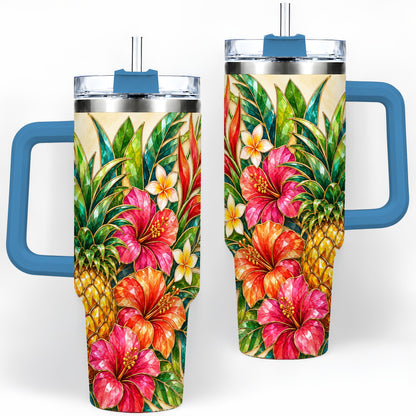 #pl[40oz|Blue] Tropical Pineapple Tumbler, 40oz Tumbler with Hibiscus Floral Artwork