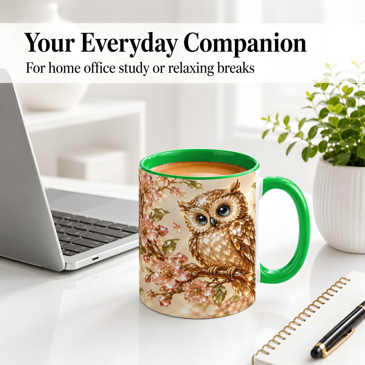 #pl[11oz|Green] Crystal Owl Accent Mug, Ceramic Mug with Pink Floral Artwork