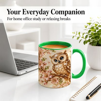 #pl[11oz|Green] Crystal Owl Accent Mug, Ceramic Mug with Pink Floral Artwork