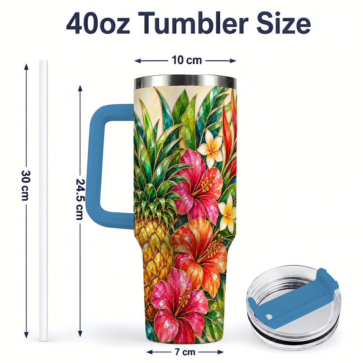 #pl[40oz|Blue] Tropical Pineapple Tumbler, 40oz Tumbler with Hibiscus Floral Artwork