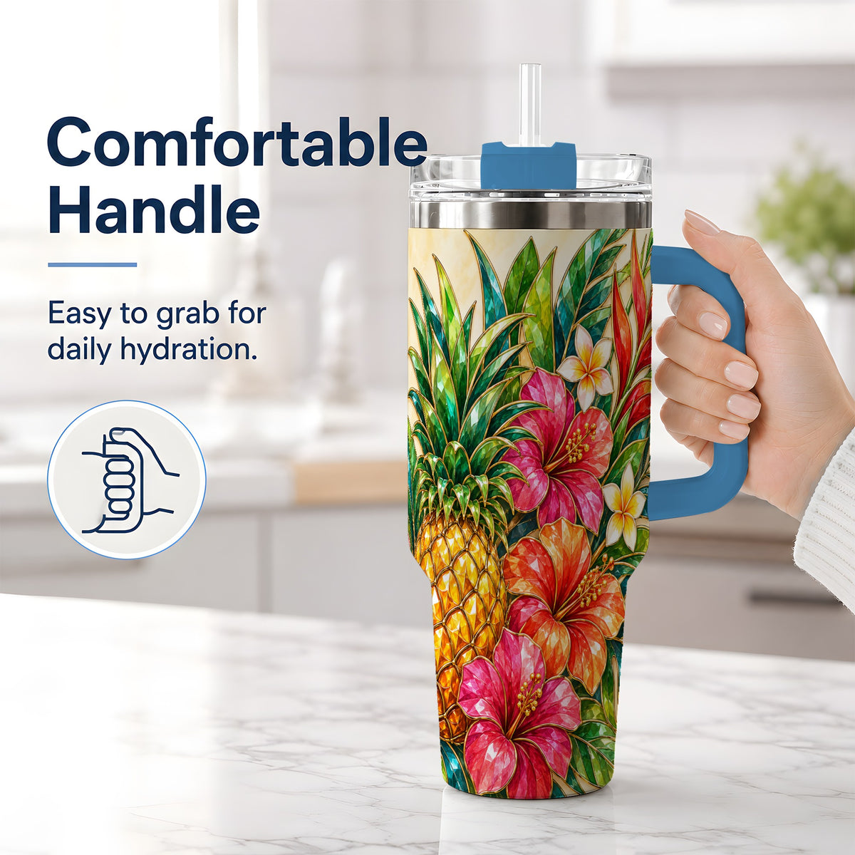 #pl[40oz|Blue] Tropical Pineapple Tumbler, 40oz Tumbler with Hibiscus Floral Artwork