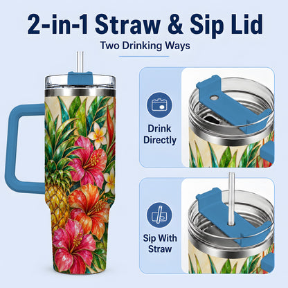 #pl[40oz|Blue] Tropical Pineapple Tumbler, 40oz Tumbler with Hibiscus Floral Artwork