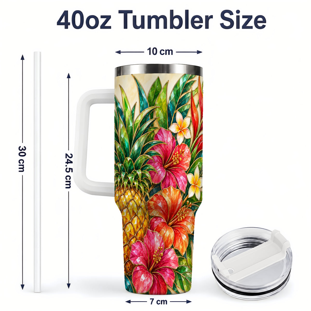 #pl[40oz|White] Tropical Pineapple Tumbler, 40oz Tumbler with Hibiscus Floral Artwork