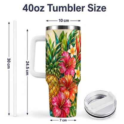 #pl[40oz|White] Tropical Pineapple Tumbler, 40oz Tumbler with Hibiscus Floral Artwork