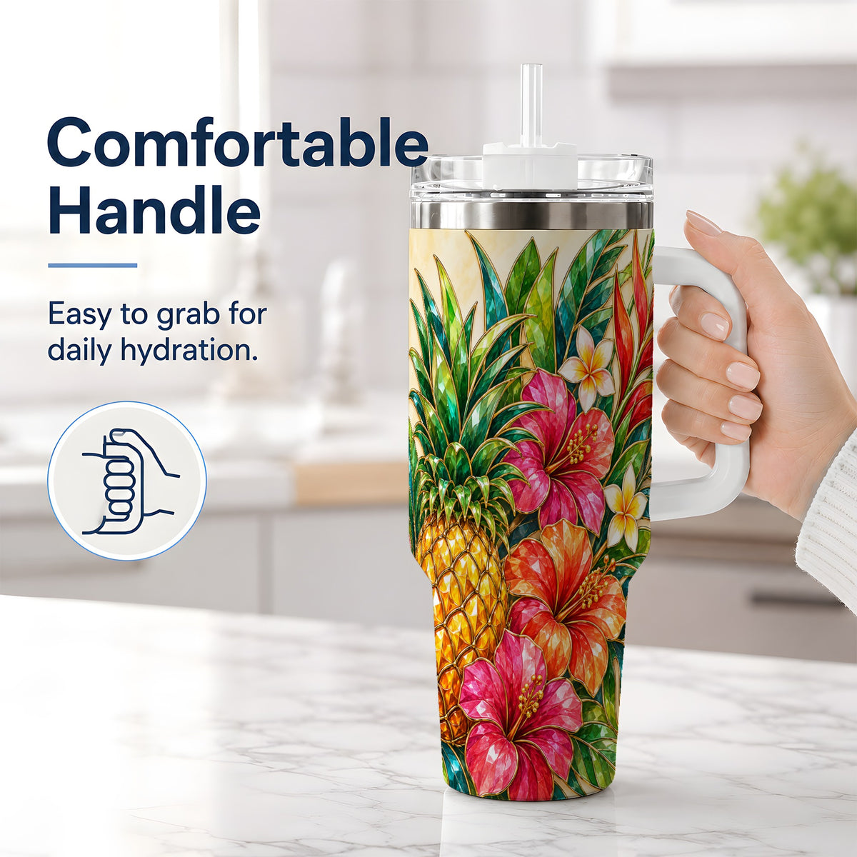 #pl[40oz|White] Tropical Pineapple Tumbler, 40oz Tumbler with Hibiscus Floral Artwork