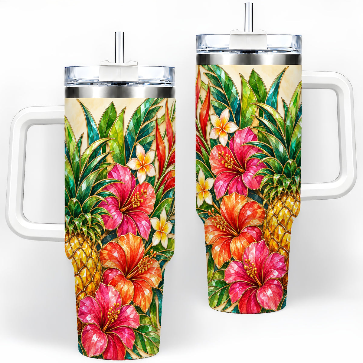 Tropical Pineapple Tumbler, 40oz Tumbler with Hibiscus Floral Artwork