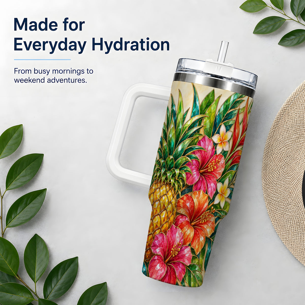 Tropical Pineapple Tumbler, 40oz Tumbler with Hibiscus Floral Artwork