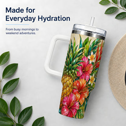 Tropical Pineapple Tumbler, 40oz Tumbler with Hibiscus Floral Artwork
