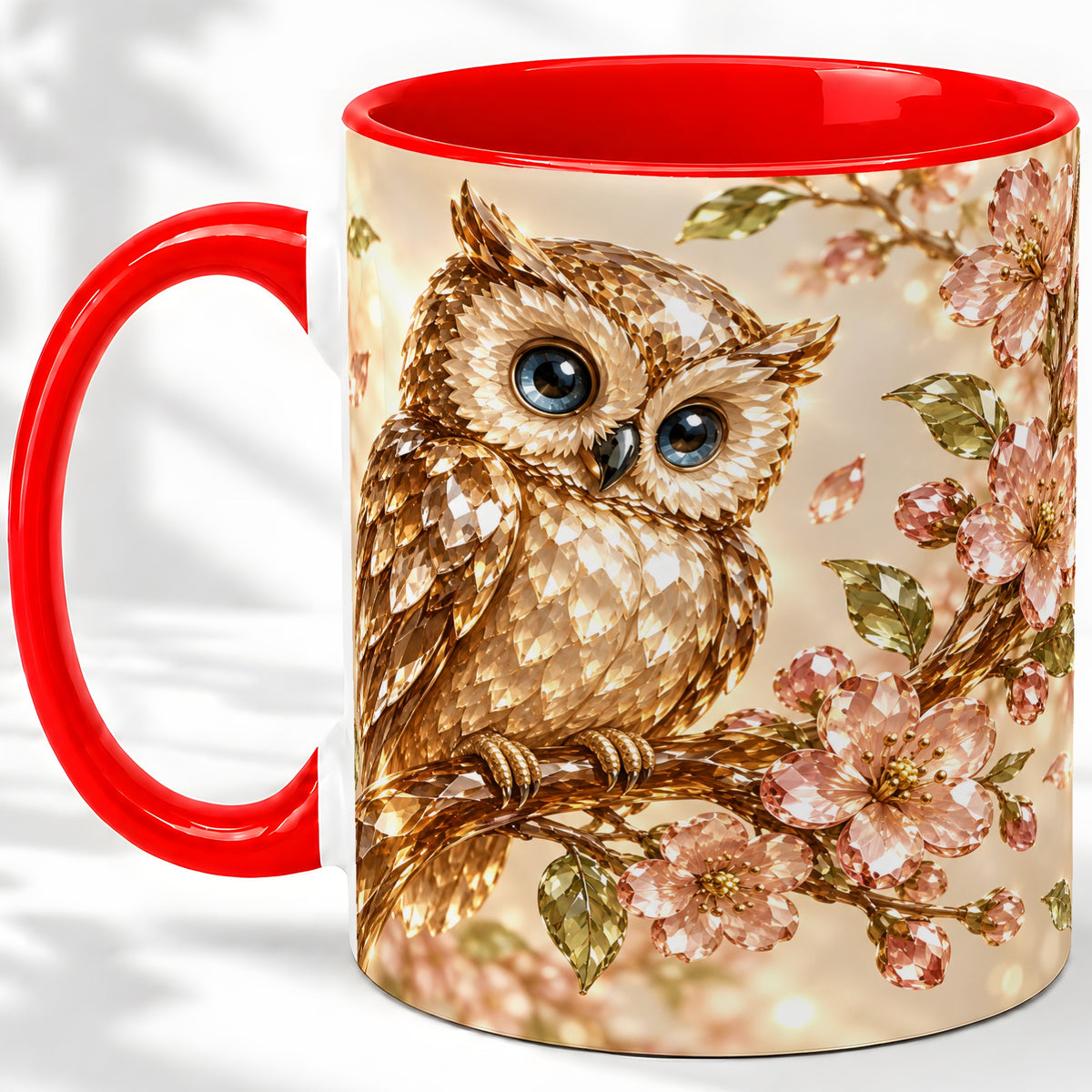 Crystal Owl Accent Mug, Ceramic Mug with Pink Floral Artwork