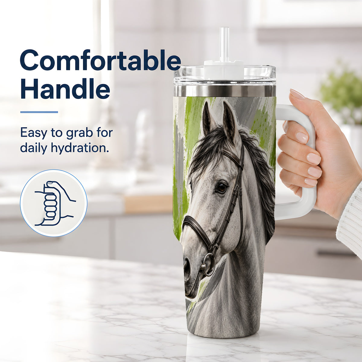 #pl[40oz|White] Horse Portrait Tumbler, 40oz Tumbler with Brushstroke Artwork