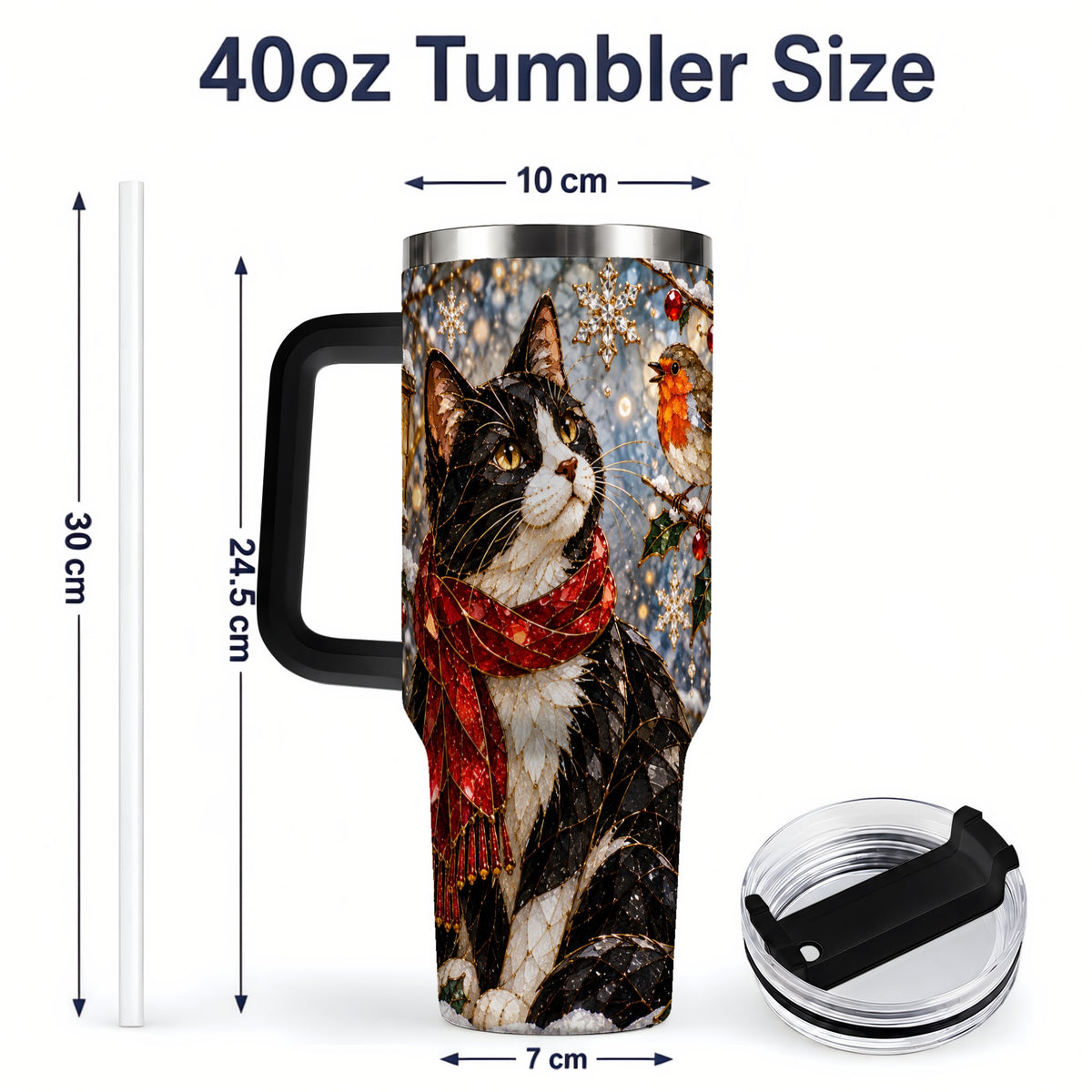 #pl[40oz|Black] Christmas Cat 40oz Tumbler, Stained Glass Style Winter Artwork
