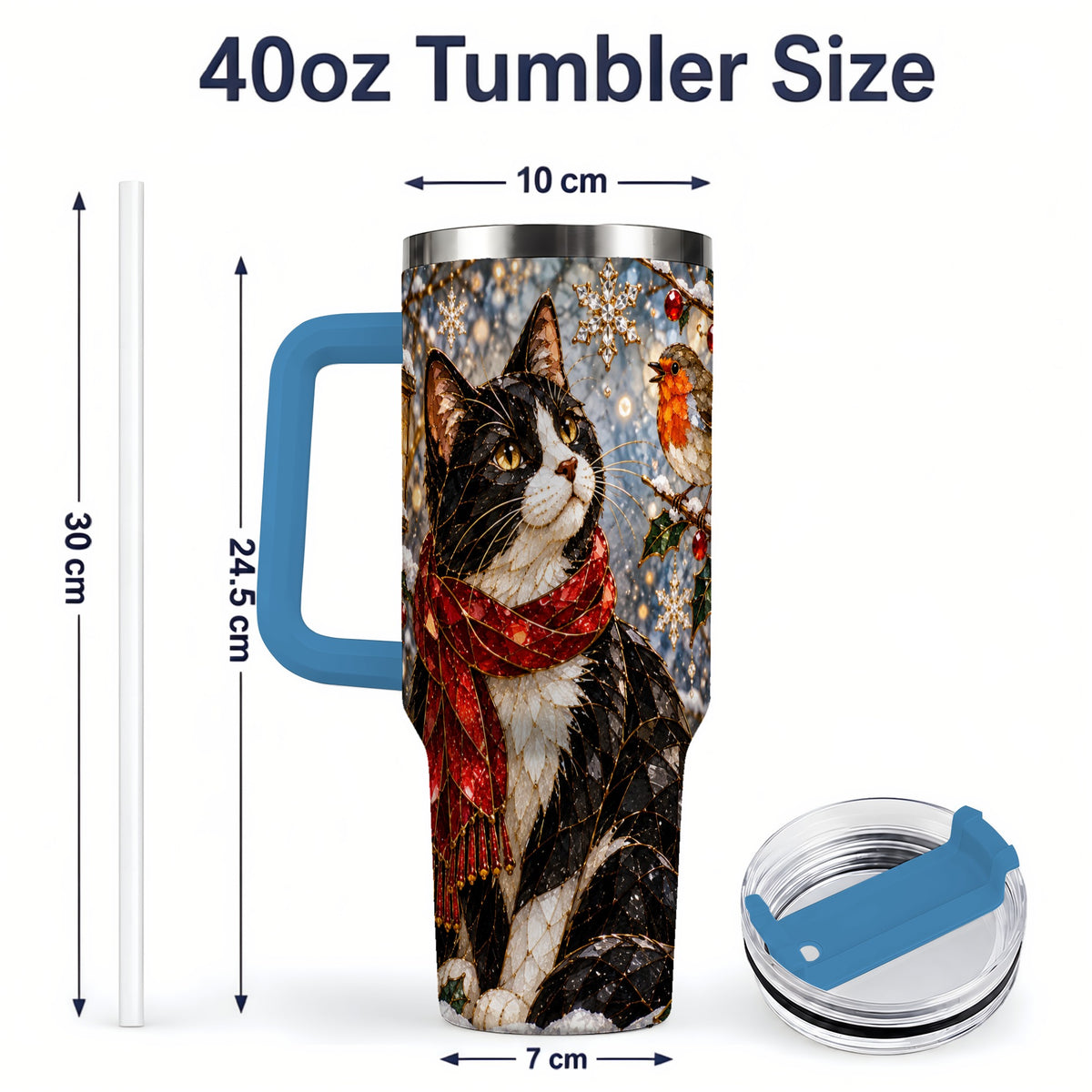 #pl[40oz|Blue] Christmas Cat 40oz Tumbler, Stained Glass Style Winter Artwork