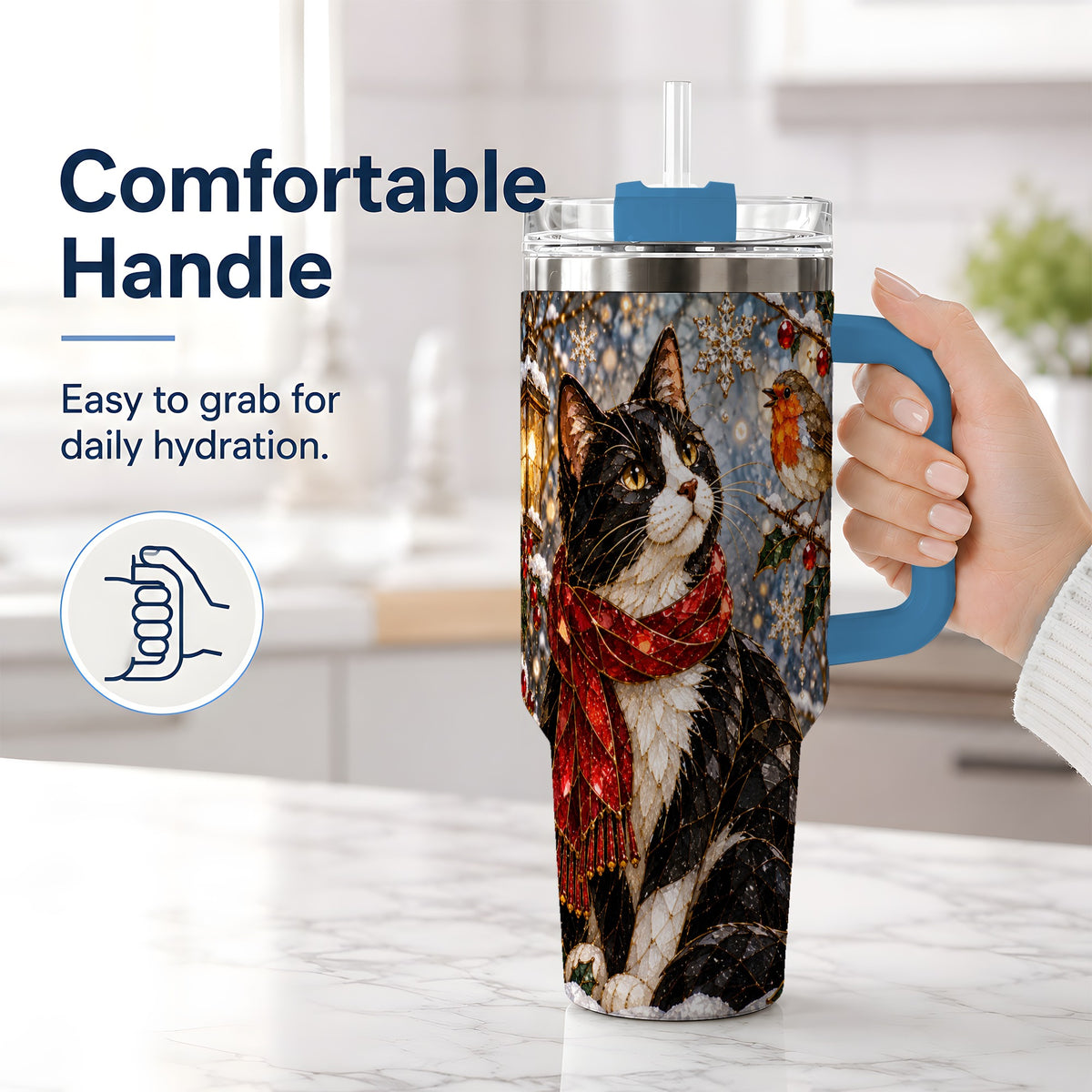 #pl[40oz|Blue] Christmas Cat 40oz Tumbler, Stained Glass Style Winter Artwork