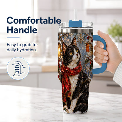 #pl[40oz|Blue] Christmas Cat 40oz Tumbler, Stained Glass Style Winter Artwork