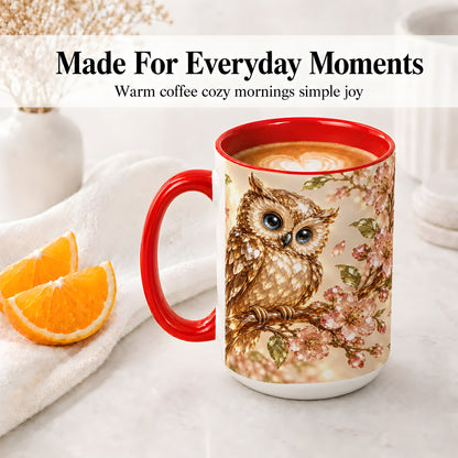 #pl[15oz|Red] Crystal Owl Accent Mug, Ceramic Mug with Pink Floral Artwork