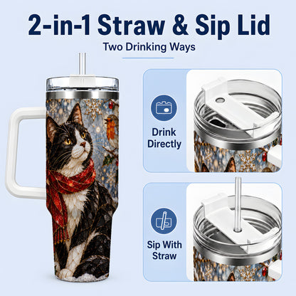 #pl[40oz|White] Christmas Cat 40oz Tumbler, Stained Glass Style Winter Artwork