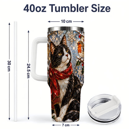 #pl[40oz|White] Christmas Cat 40oz Tumbler, Stained Glass Style Winter Artwork
