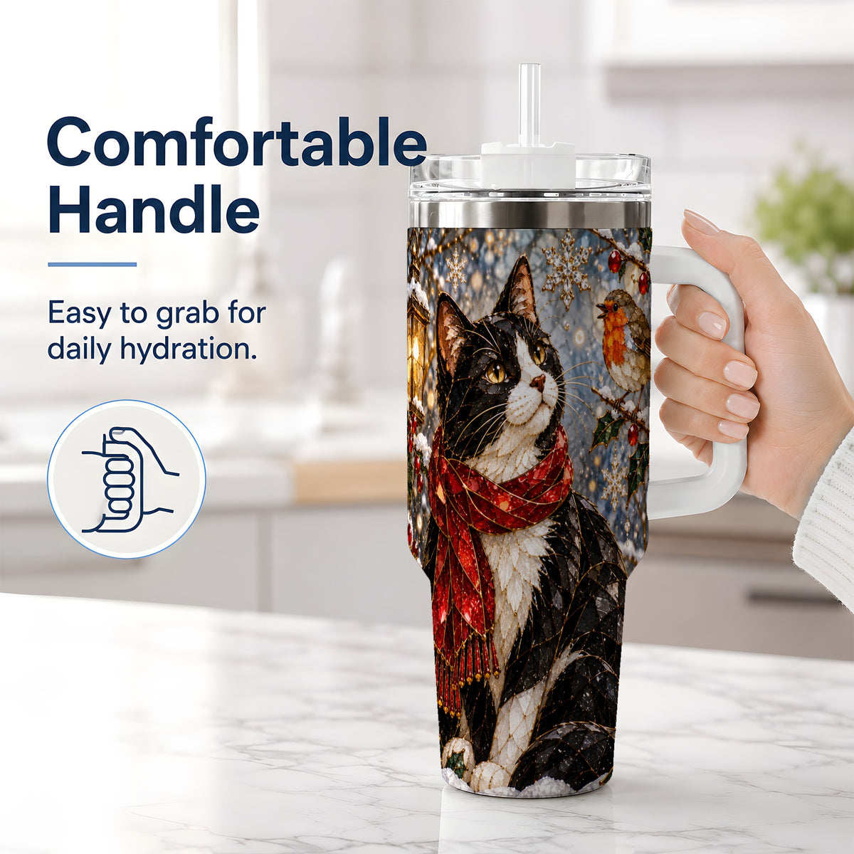 #pl[40oz|White] Christmas Cat 40oz Tumbler, Stained Glass Style Winter Artwork