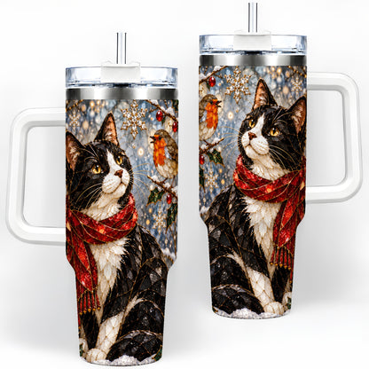 Christmas Cat 40oz Tumbler, Stained Glass Style Winter Artwork