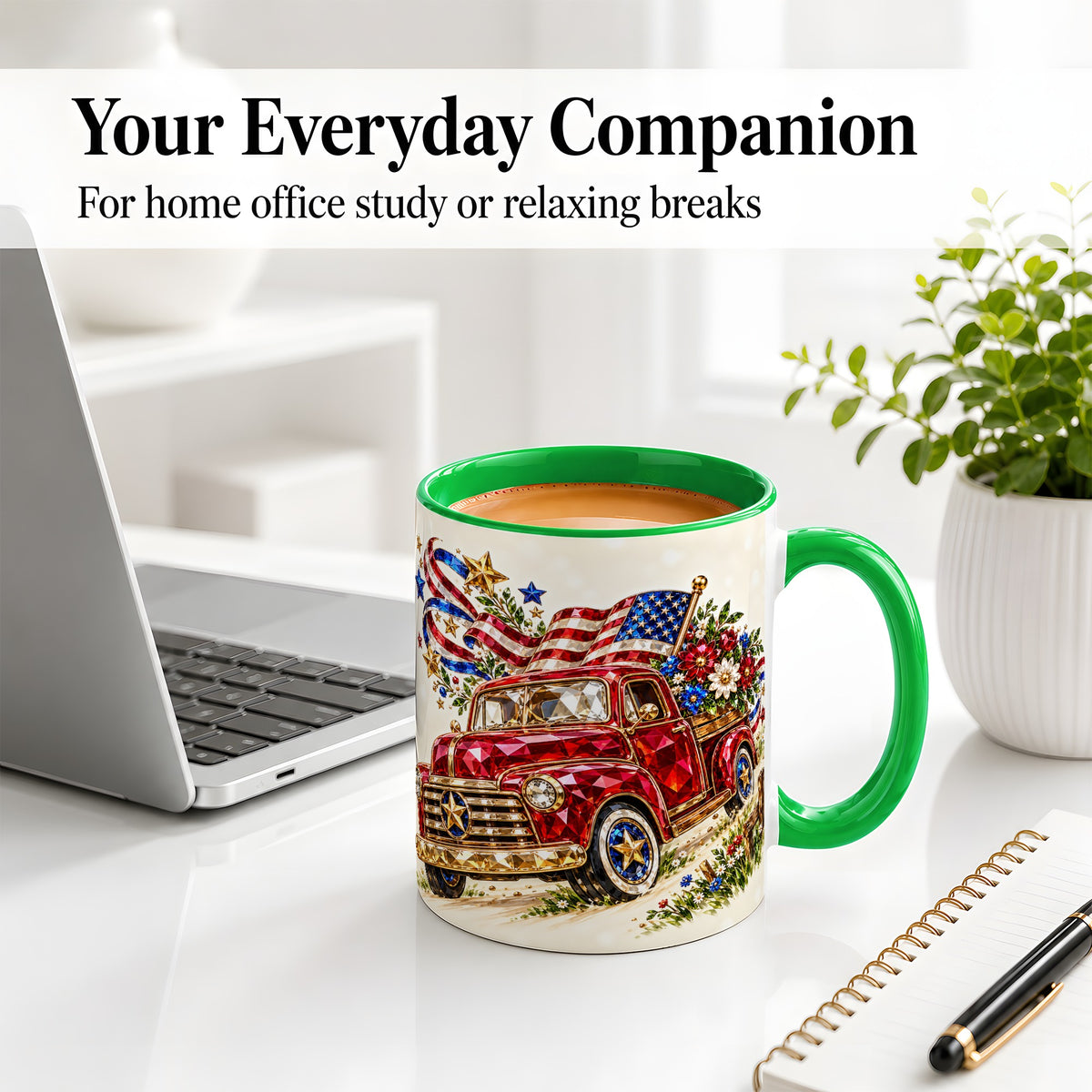 #pl[11oz|Green] Patriotic Pickup Accent Mug, Ceramic Mug with Flag and Floral Art