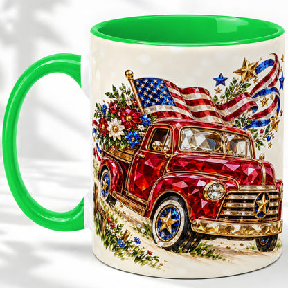#pl[11oz|Green] Patriotic Pickup Accent Mug, Ceramic Mug with Flag and Floral Art